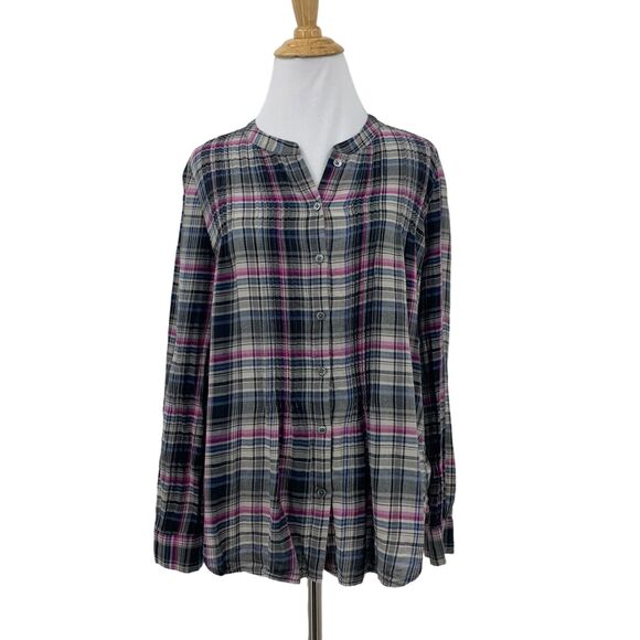 Joie Pintuck Shirt Womens XS Extra Small Button Front Collarless Plaid Cotton - Picture 1 of 13